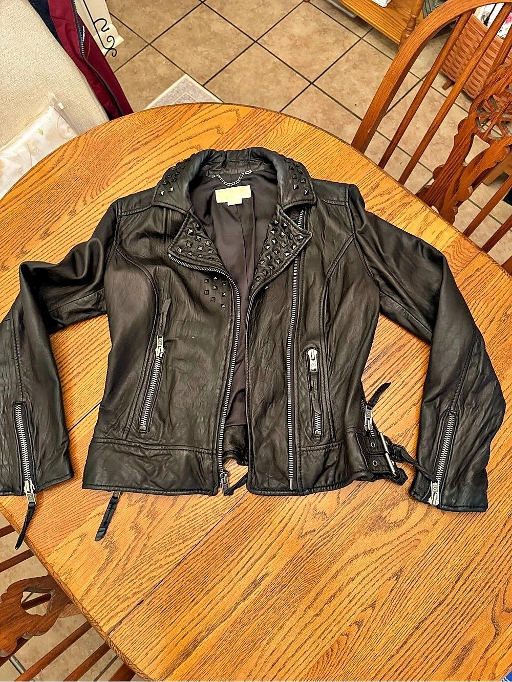 Michael Kors Studded Leather Moto Jacket Black Medium